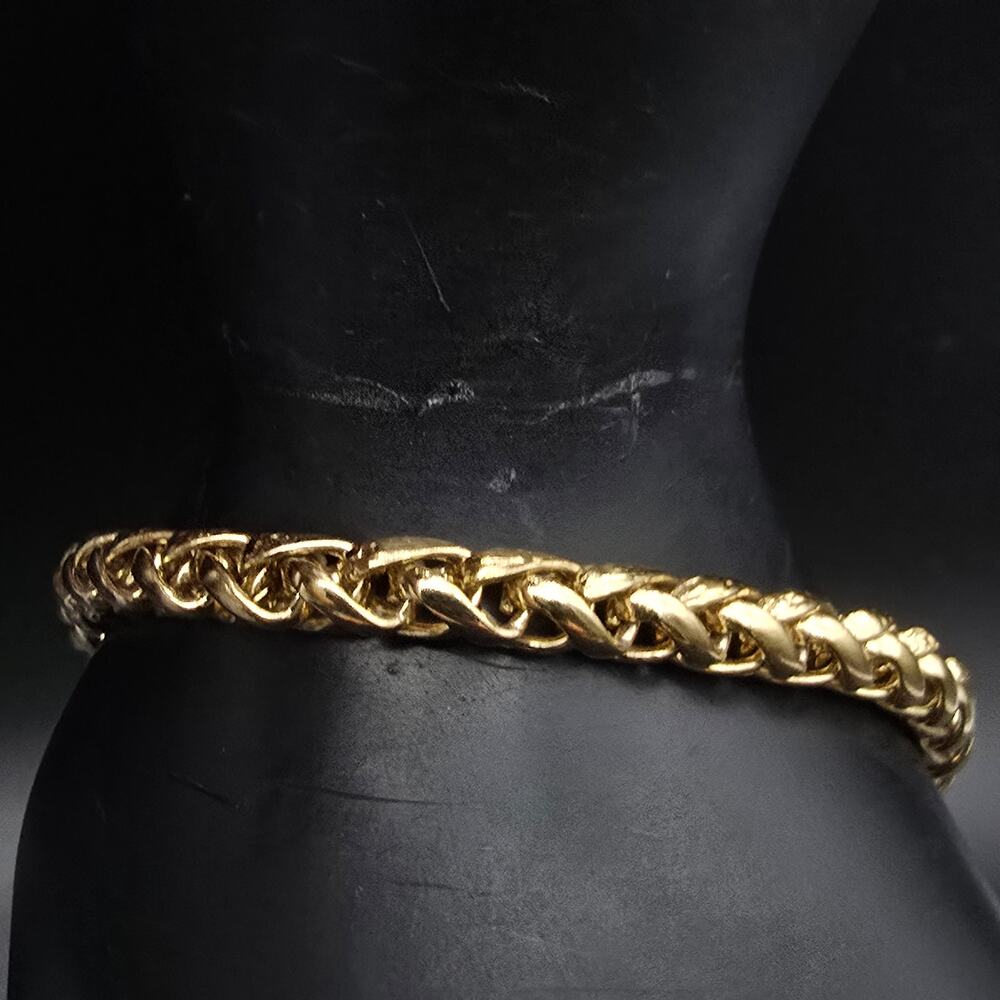 Gold Tone Wheat Link Chain Bracelet Fold Over Clasp 1990s
